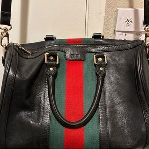 Gucci Black Leather Tote with Green & Red Web Center Stripe